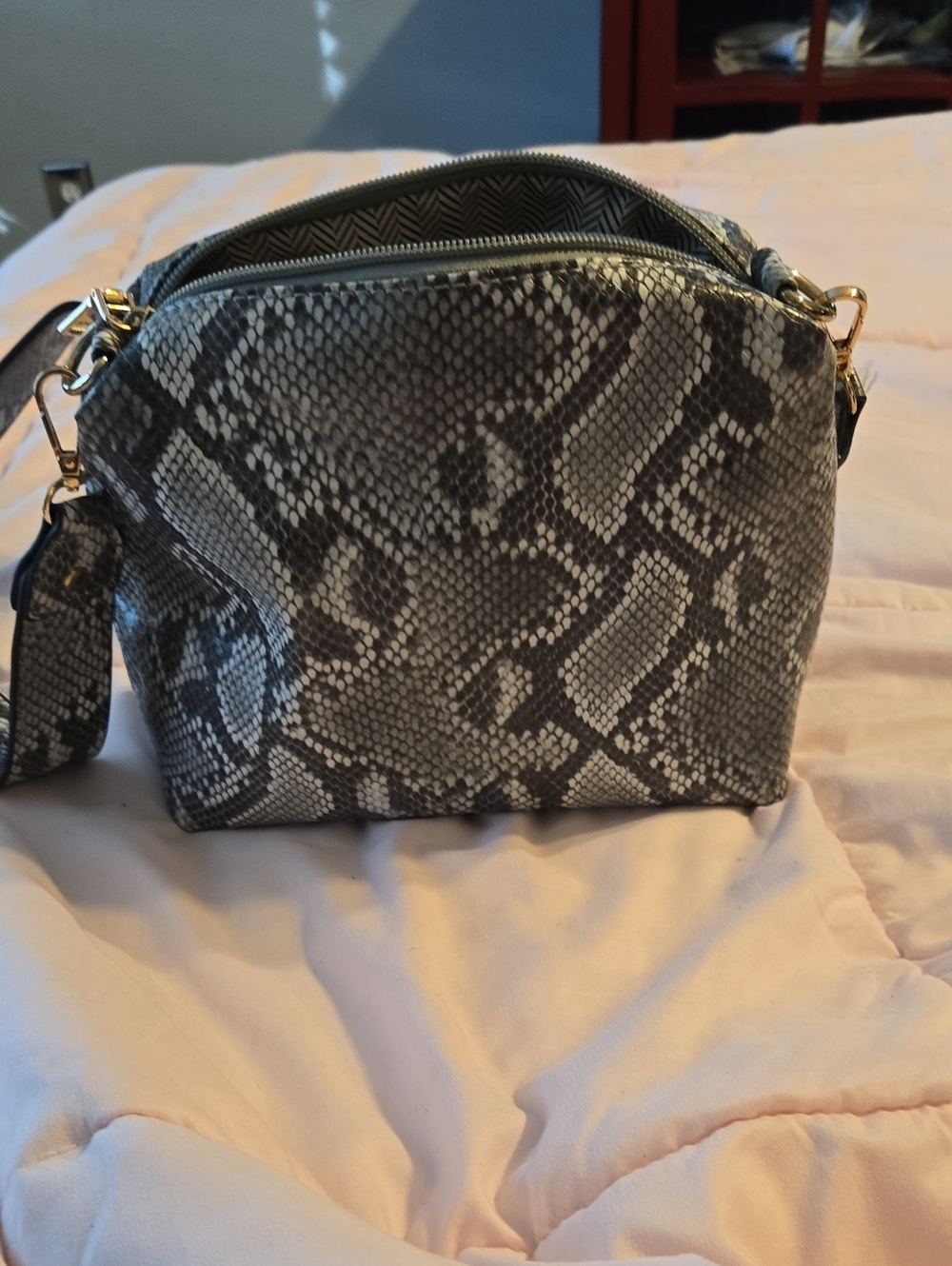 Gray Snake-Print Crossbody Bag with Gold Hardware